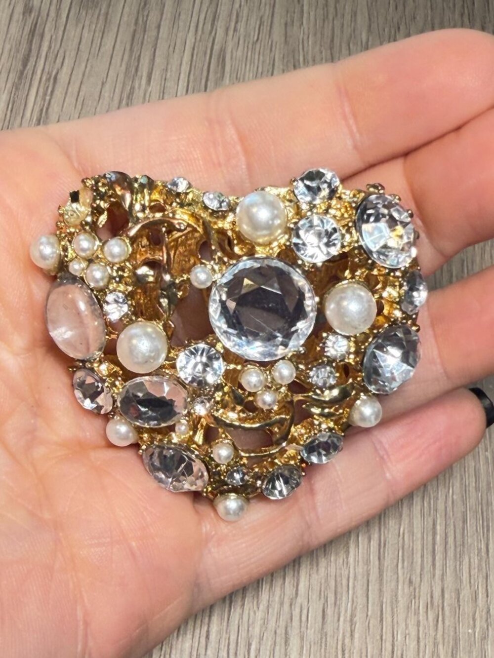 Rhinestone Heart Jewelry Component Faux Pearls Upcycle OOAK - Picture 6 of 9